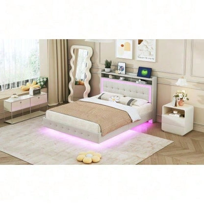 Polsterbett 140*200, mit USB-Steckdose und LED-Licht, Bett kann am Kopfende des Bettes platziert werden, verstecktes Fußdesign, Doppelflachbett, Leinenstoff beige