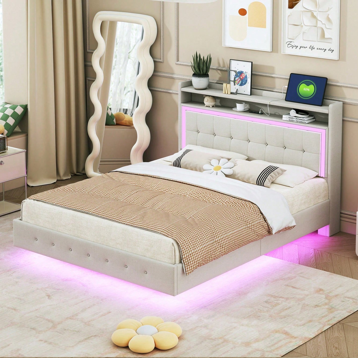 Polsterbett 140*200, mit USB-Steckdose und LED-Licht, Bett kann am Kopfende des Bettes platziert werden, verstecktes Fußdesign, Doppelflachbett, Leinenstoff beige