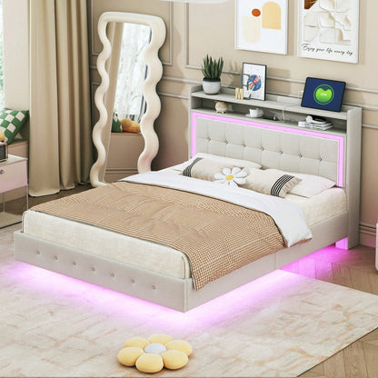 Polsterbett 140*200, mit USB-Steckdose und LED-Licht, Bett kann am Kopfende des Bettes platziert werden, verstecktes Fußdesign, Doppelflachbett, Leinenstoff beige