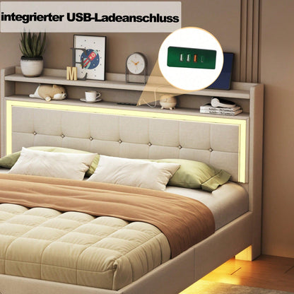 Polsterbett 140*200, mit USB-Steckdose und LED-Licht, Bett kann am Kopfende des Bettes platziert werden, verstecktes Fußdesign, Doppelflachbett, Leinenstoff beige