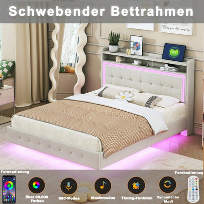 Polsterbett 140*200, mit USB-Steckdose und LED-Licht, Bett kann am Kopfende des Bettes platziert werden, verstecktes Fußdesign, Doppelflachbett, Leinenstoff beige