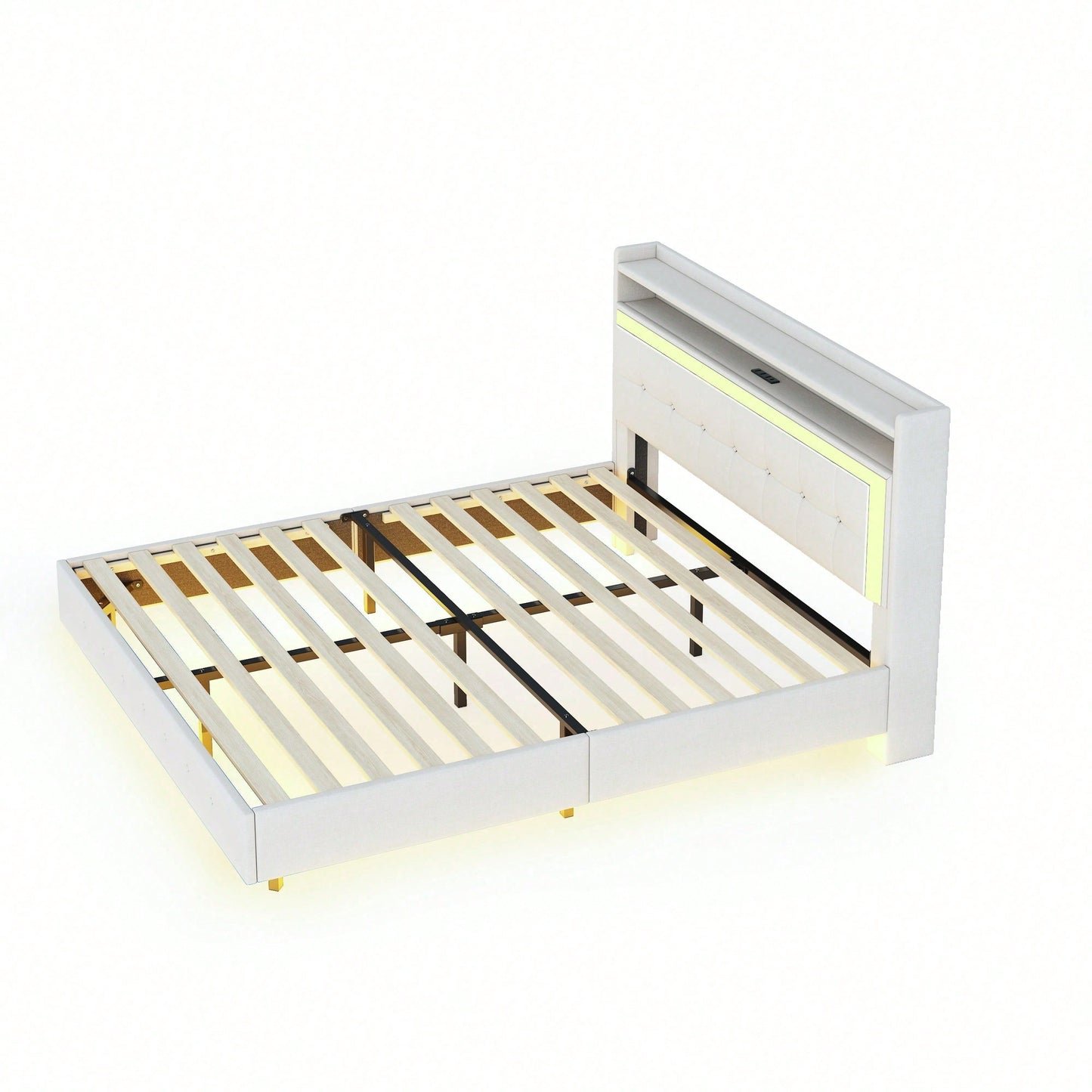 Polsterbett 140*200, mit USB-Steckdose und LED-Licht, Bett kann am Kopfende des Bettes platziert werden, verstecktes Fußdesign, Doppelflachbett, Leinenstoff beige