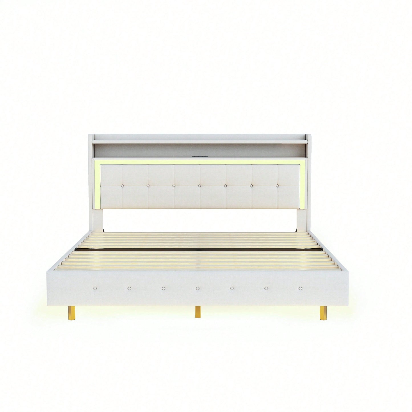 Polsterbett 140*200, mit USB-Steckdose und LED-Licht, Bett kann am Kopfende des Bettes platziert werden, verstecktes Fußdesign, Doppelflachbett, Leinenstoff beige