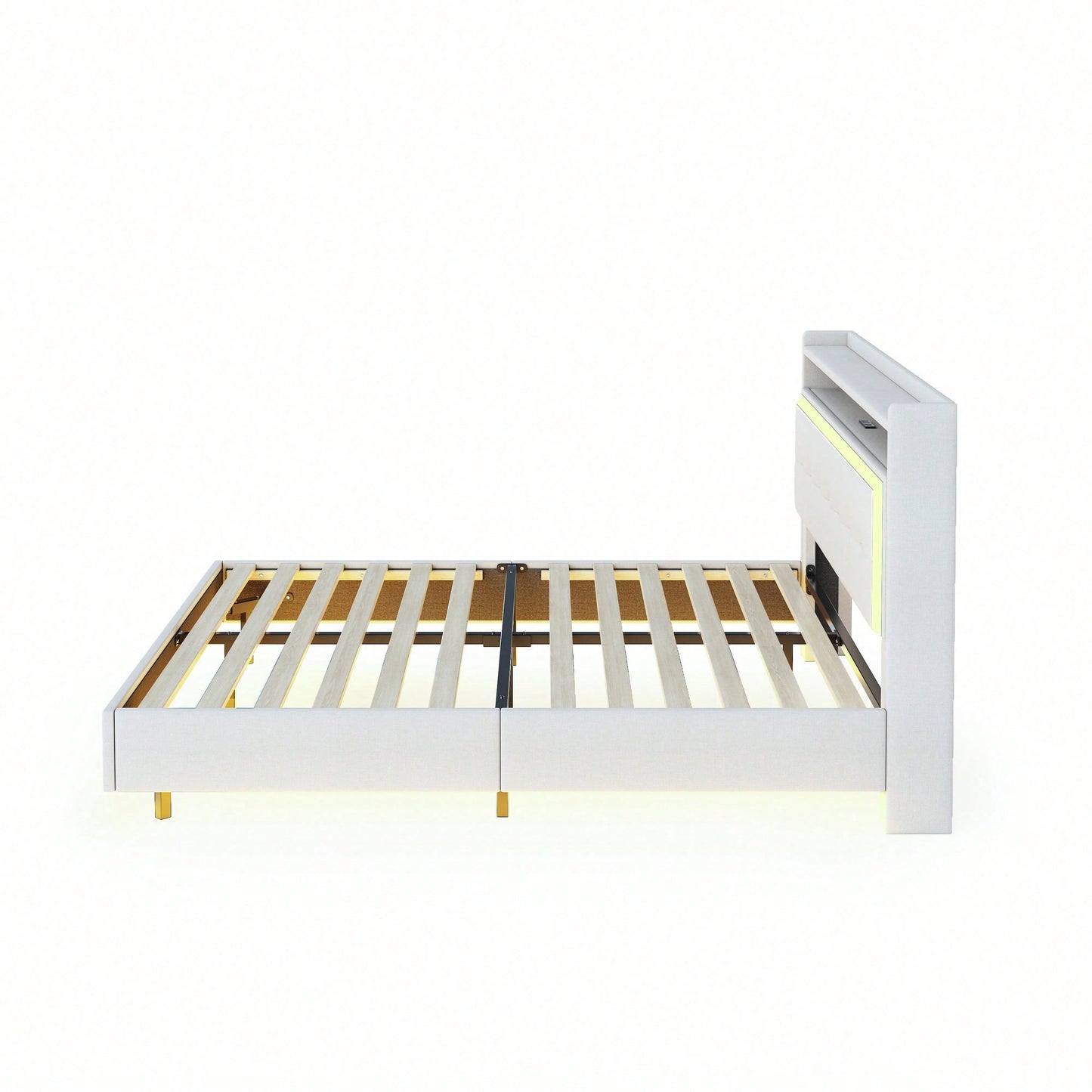 Polsterbett 140*200, mit USB-Steckdose und LED-Licht, Bett kann am Kopfende des Bettes platziert werden, verstecktes Fußdesign, Doppelflachbett, Leinenstoff beige