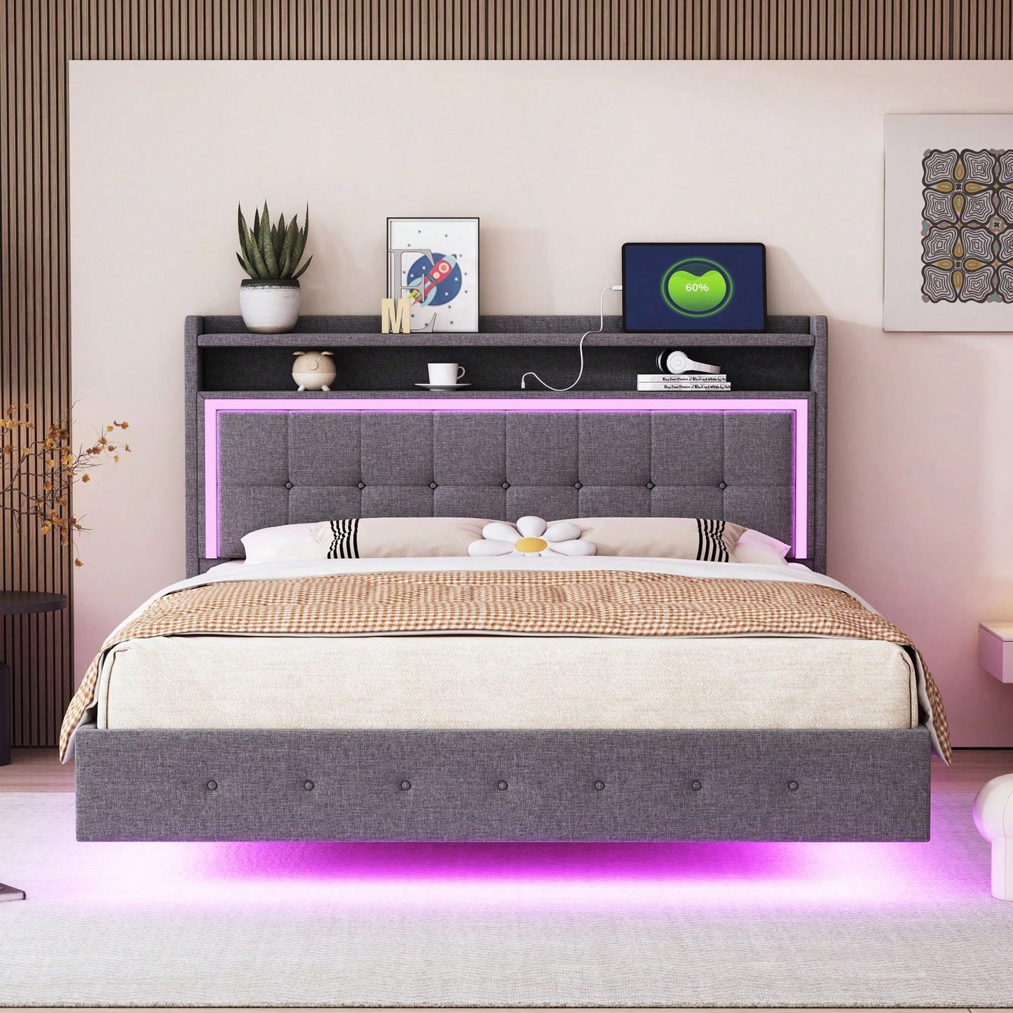 Polsterbett 140*200, mit USB-Steckdose und LED-Licht, Bett kann am Kopfende des Bettes platziert werden, verstecktes Fußdesign, Doppelflachbett, Leinenstoff beige