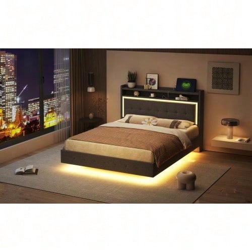 Polsterbett 140*200, mit USB-Steckdose und LED-Licht, Bett kann am Kopfende des Bettes platziert werden, verstecktes Fußdesign, Doppelflachbett, Leinenstoff beige