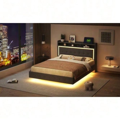 Polsterbett 140*200, mit USB-Steckdose und LED-Licht, Bett kann am Kopfende des Bettes platziert werden, verstecktes Fußdesign, Doppelflachbett, Leinenstoff beige