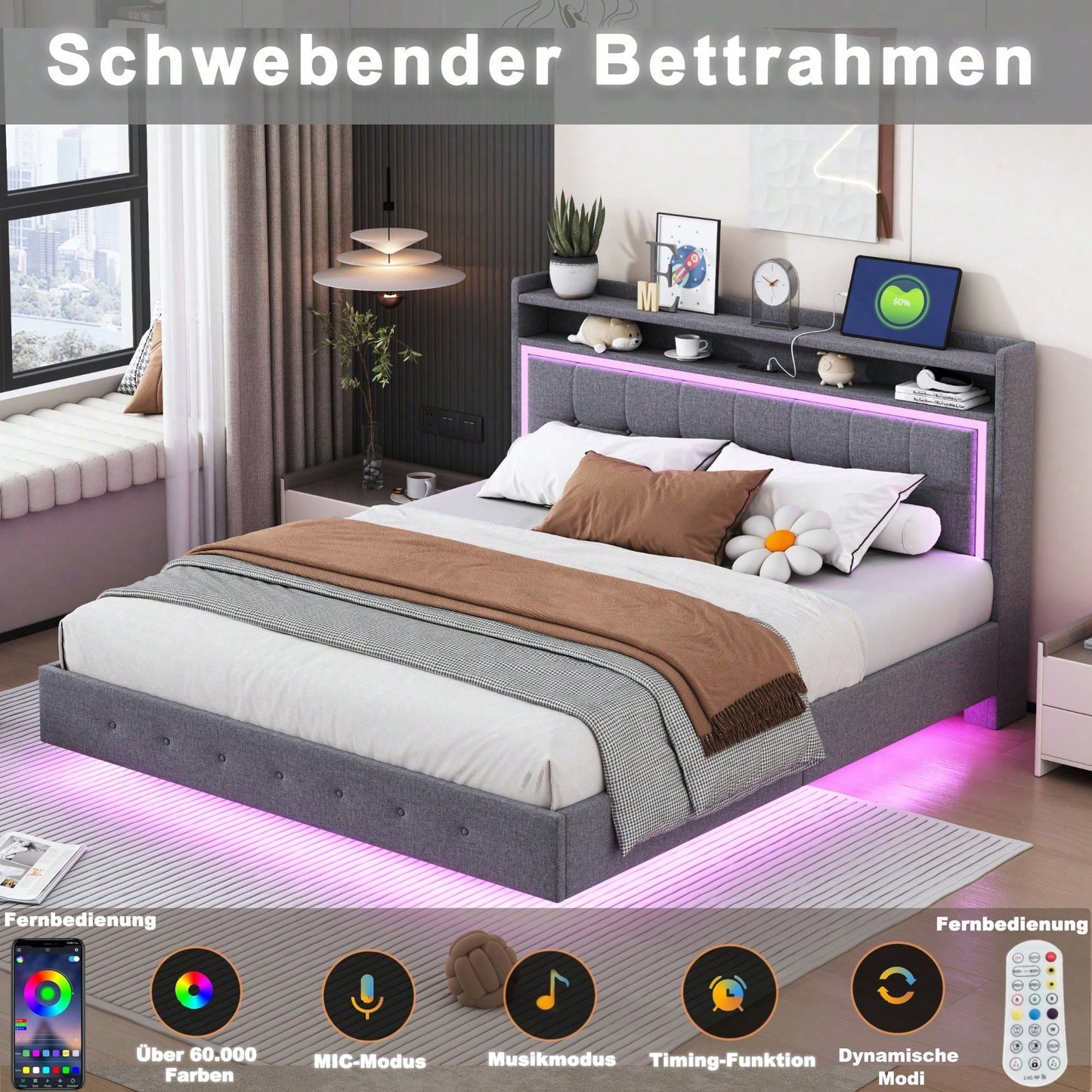 Polsterbett 140*200, mit USB-Steckdose und LED-Licht, Bett kann am Kopfende des Bettes platziert werden, verstecktes Fußdesign, Doppelflachbett, Leinenstoff beige