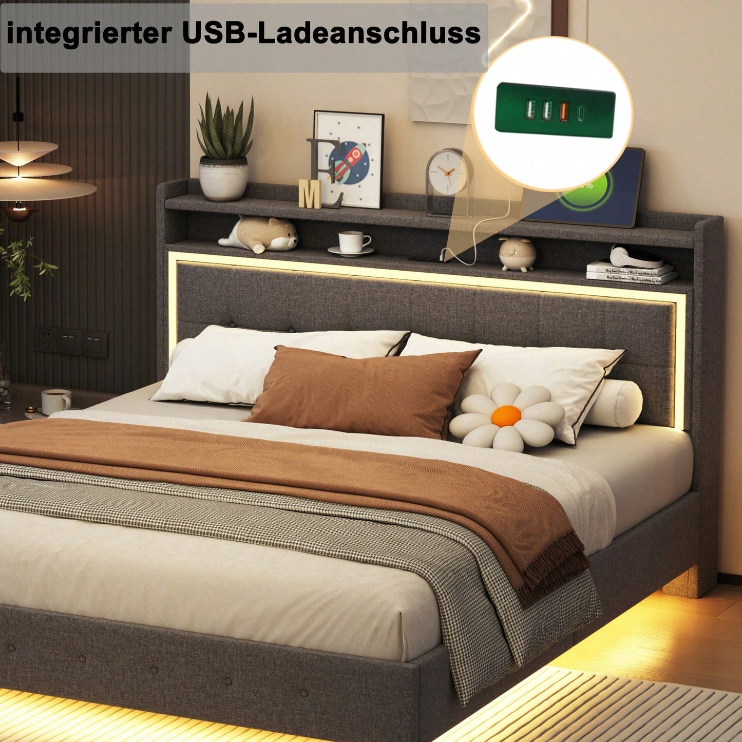 Polsterbett 140*200, mit USB-Steckdose und LED-Licht, Bett kann am Kopfende des Bettes platziert werden, verstecktes Fußdesign, Doppelflachbett, Leinenstoff beige