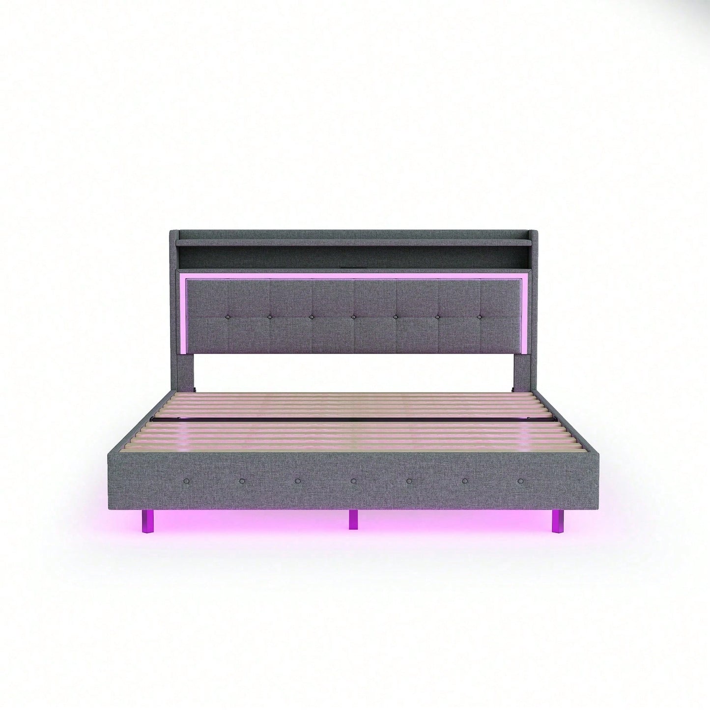 Polsterbett 140*200, mit USB-Steckdose und LED-Licht, Bett kann am Kopfende des Bettes platziert werden, verstecktes Fußdesign, Doppelflachbett, Leinenstoff beige
