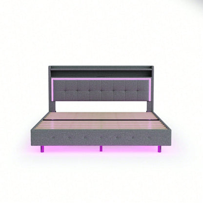 Polsterbett 140*200, mit USB-Steckdose und LED-Licht, Bett kann am Kopfende des Bettes platziert werden, verstecktes Fußdesign, Doppelflachbett, Leinenstoff beige