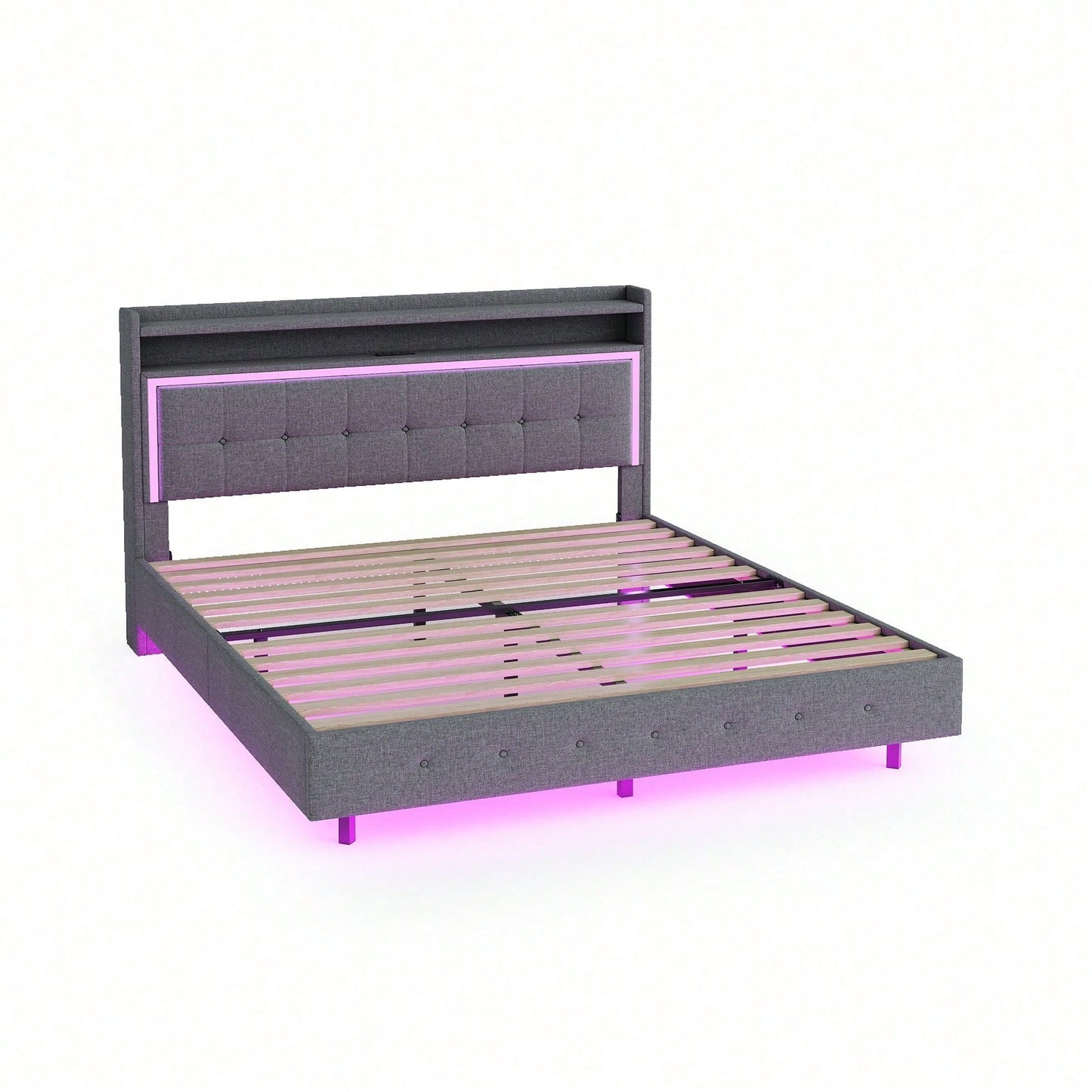 Polsterbett 140*200, mit USB-Steckdose und LED-Licht, Bett kann am Kopfende des Bettes platziert werden, verstecktes Fußdesign, Doppelflachbett, Leinenstoff beige