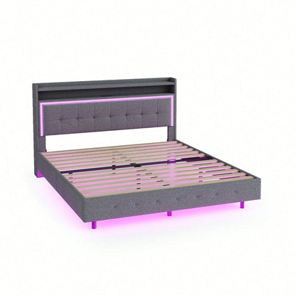 Polsterbett 140*200, mit USB-Steckdose und LED-Licht, Bett kann am Kopfende des Bettes platziert werden, verstecktes Fußdesign, Doppelflachbett, Leinenstoff beige