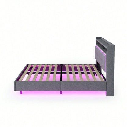 Polsterbett 140*200, mit USB-Steckdose und LED-Licht, Bett kann am Kopfende des Bettes platziert werden, verstecktes Fußdesign, Doppelflachbett, Leinenstoff beige