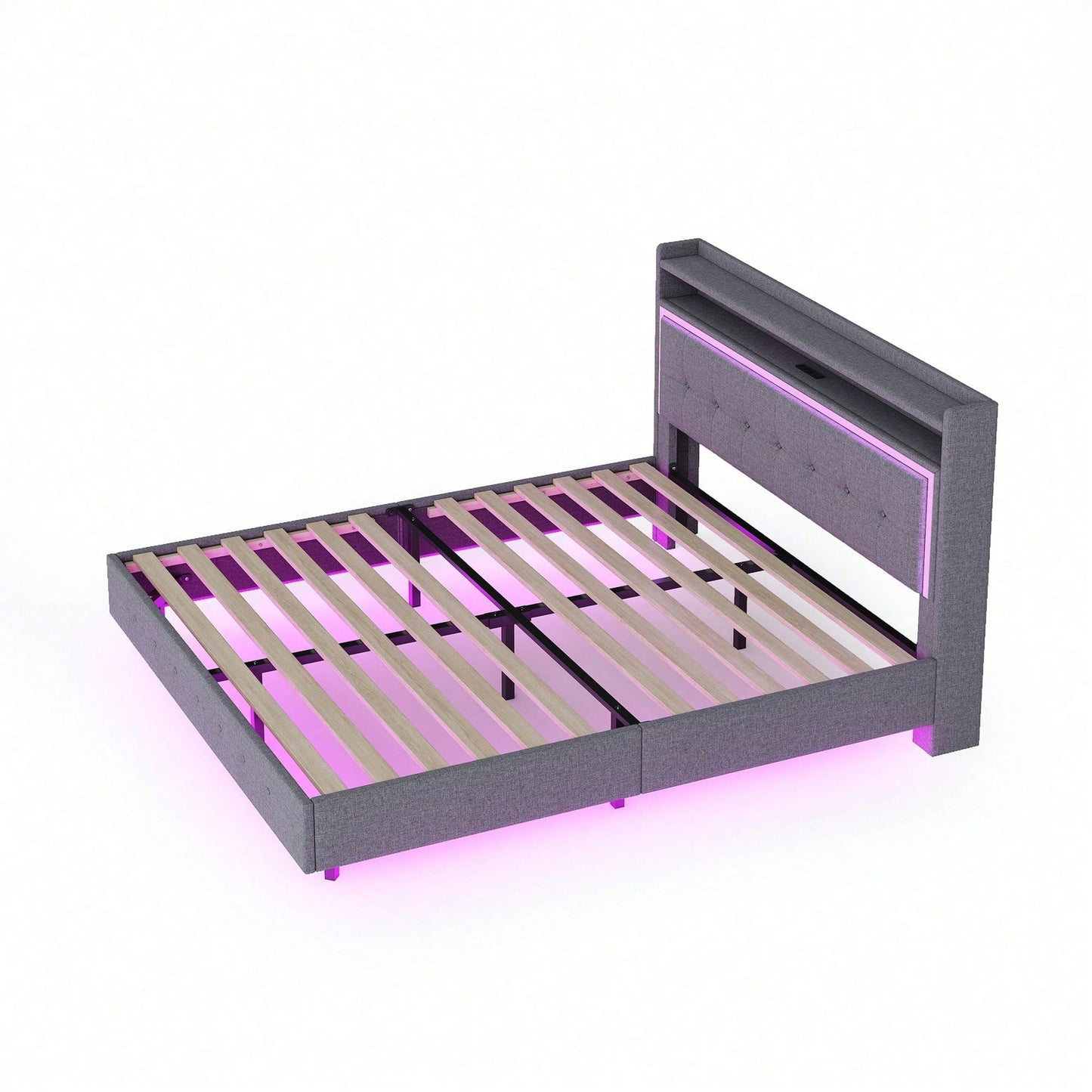 Polsterbett 140*200, mit USB-Steckdose und LED-Licht, Bett kann am Kopfende des Bettes platziert werden, verstecktes Fußdesign, Doppelflachbett, Leinenstoff beige