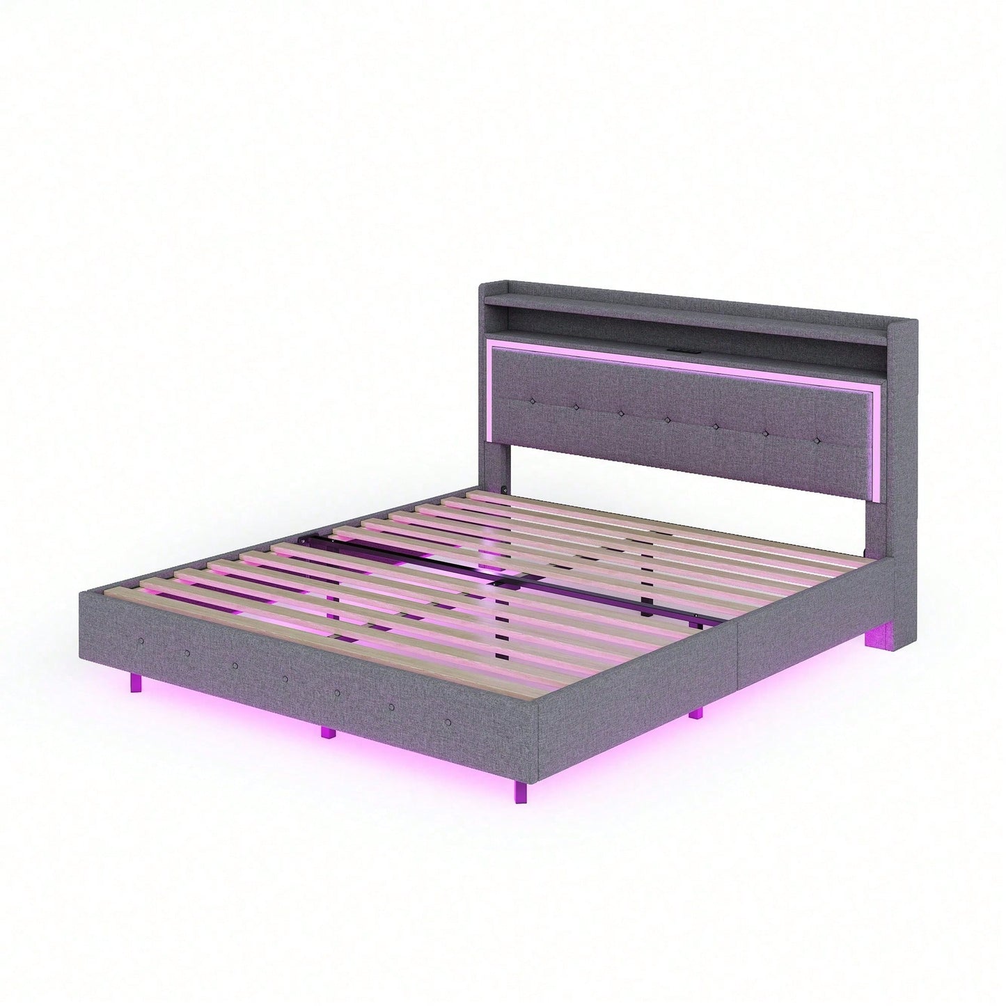 Polsterbett 140*200, mit USB-Steckdose und LED-Licht, Bett kann am Kopfende des Bettes platziert werden, verstecktes Fußdesign, Doppelflachbett, Leinenstoff beige