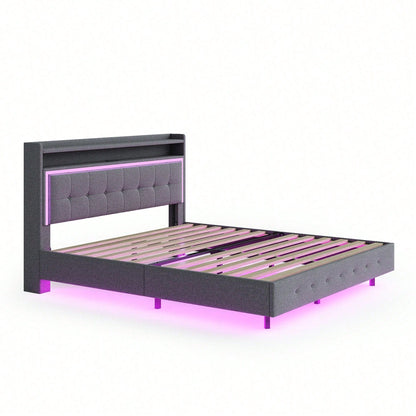 Polsterbett 140*200, mit USB-Steckdose und LED-Licht, Bett kann am Kopfende des Bettes platziert werden, verstecktes Fußdesign, Doppelflachbett, Leinenstoff beige