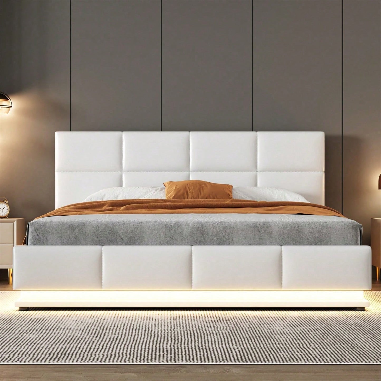 Polsterbett 160 x 200 cm mit LED, Metalllattenrost & Bettkasten, Doppelbett mit höheverstellbarem Polsterkopfteil & hydraulischem Stauraum, Grau,ohne Matratze,