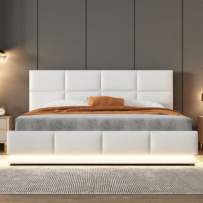 Polsterbett 160 x 200 cm mit LED, Metalllattenrost & Bettkasten, Doppelbett mit höheverstellbarem Polsterkopfteil & hydraulischem Stauraum, Grau,ohne Matratze,