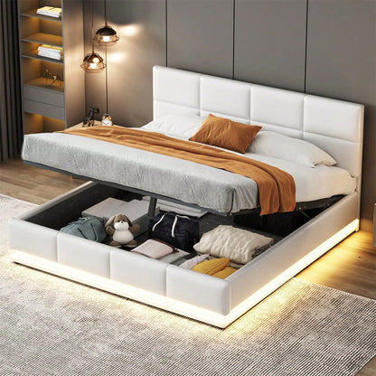Polsterbett 160 x 200 cm mit LED, Metalllattenrost & Bettkasten, Doppelbett mit höheverstellbarem Polsterkopfteil & hydraulischem Stauraum, Grau,ohne Matratze,