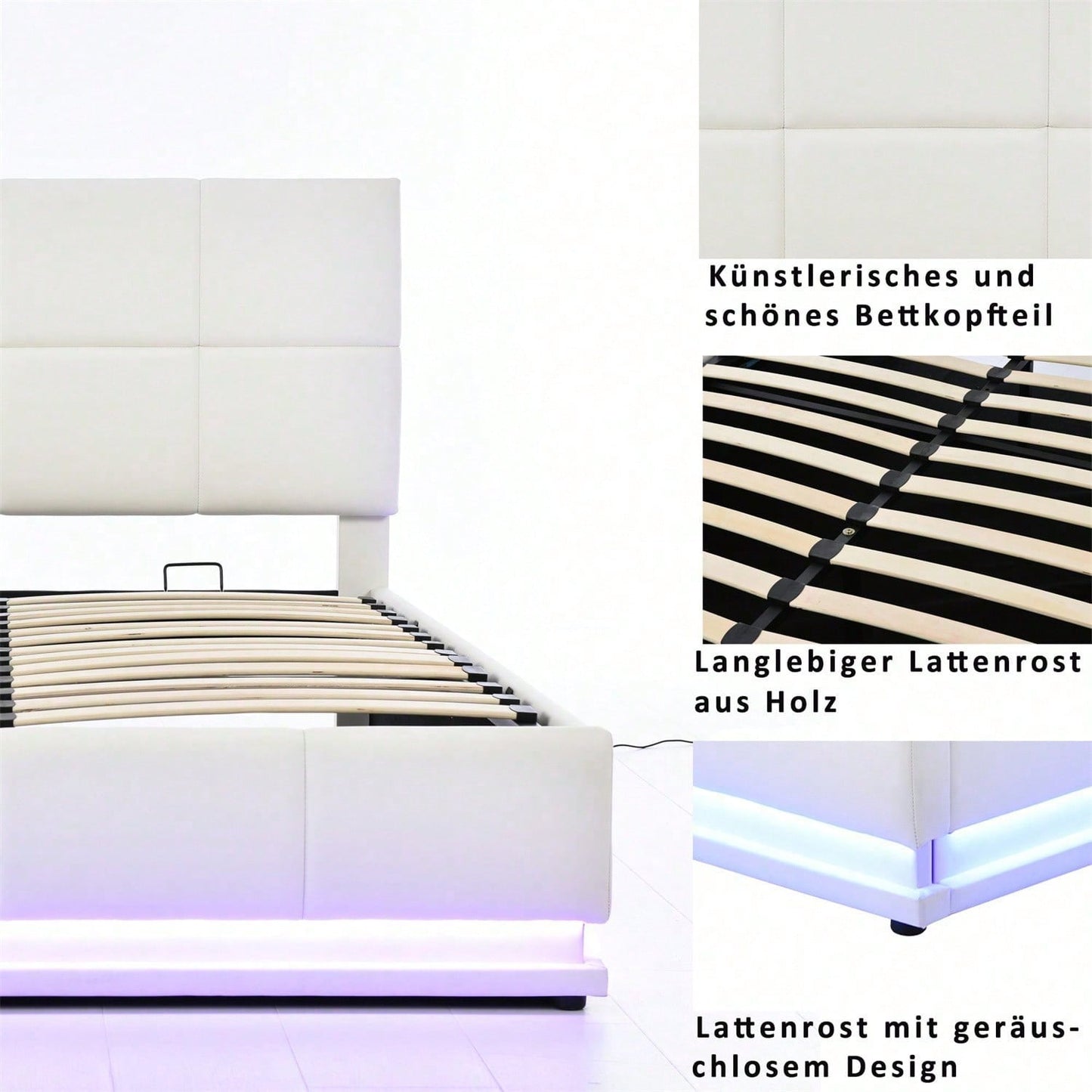 Polsterbett 160 x 200 cm mit LED, Metalllattenrost & Bettkasten, Doppelbett mit höheverstellbarem Polsterkopfteil & hydraulischem Stauraum, Grau,ohne Matratze,