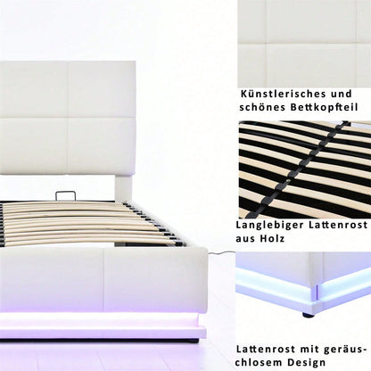 Polsterbett 160 x 200 cm mit LED, Metalllattenrost & Bettkasten, Doppelbett mit höheverstellbarem Polsterkopfteil & hydraulischem Stauraum, Grau,ohne Matratze,