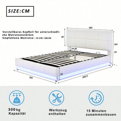 Polsterbett 160 x 200 cm mit LED, Metalllattenrost & Bettkasten, Doppelbett mit höheverstellbarem Polsterkopfteil & hydraulischem Stauraum, Grau,ohne Matratze,