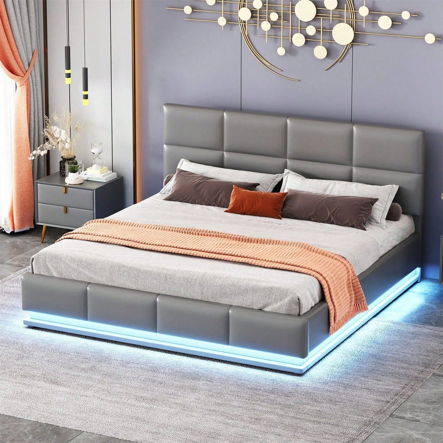 Polsterbett 160 x 200 cm mit LED, Metalllattenrost & Bettkasten, Doppelbett mit höheverstellbarem Polsterkopfteil & hydraulischem Stauraum, Grau,ohne Matratze,