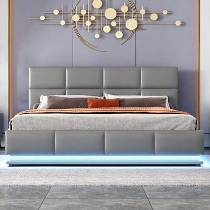 Polsterbett 160 x 200 cm mit LED, Metalllattenrost & Bettkasten, Doppelbett mit höheverstellbarem Polsterkopfteil & hydraulischem Stauraum, Grau,ohne Matratze,