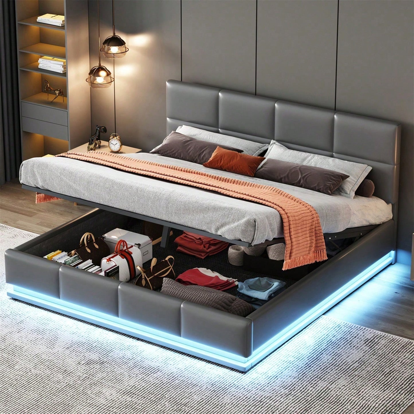 Polsterbett 160 x 200 cm mit LED, Metalllattenrost & Bettkasten, Doppelbett mit höheverstellbarem Polsterkopfteil & hydraulischem Stauraum, Grau,ohne Matratze,