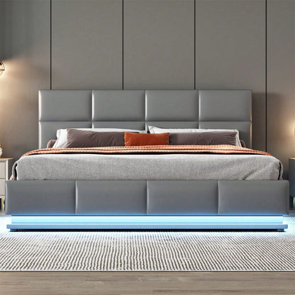 Polsterbett 160 x 200 cm mit LED, Metalllattenrost & Bettkasten, Doppelbett mit höheverstellbarem Polsterkopfteil & hydraulischem Stauraum, Grau,ohne Matratze,