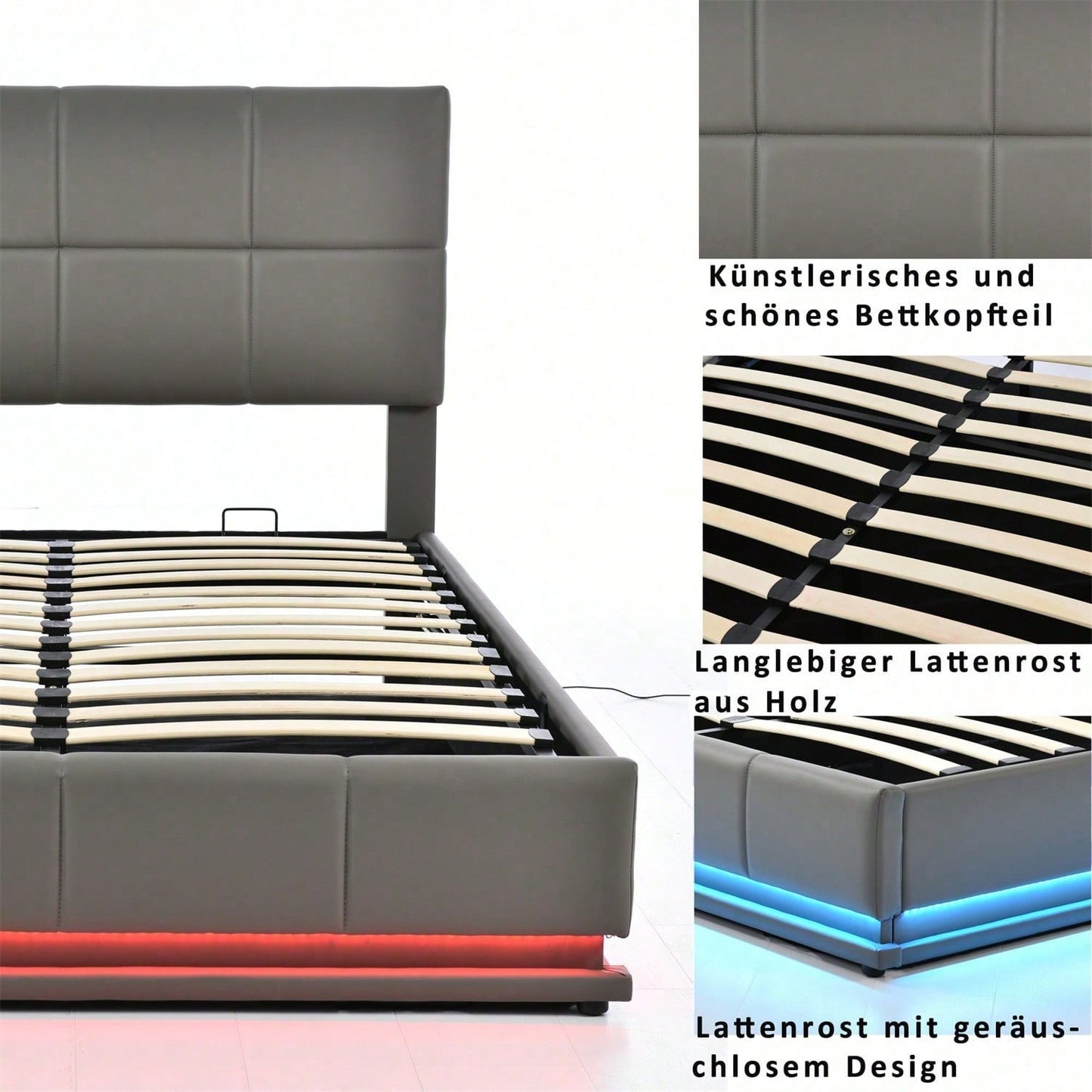 Polsterbett 160 x 200 cm mit LED, Metalllattenrost & Bettkasten, Doppelbett mit höheverstellbarem Polsterkopfteil & hydraulischem Stauraum, Grau,ohne Matratze,