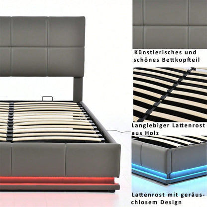 Polsterbett 160 x 200 cm mit LED, Metalllattenrost & Bettkasten, Doppelbett mit höheverstellbarem Polsterkopfteil & hydraulischem Stauraum, Grau,ohne Matratze,