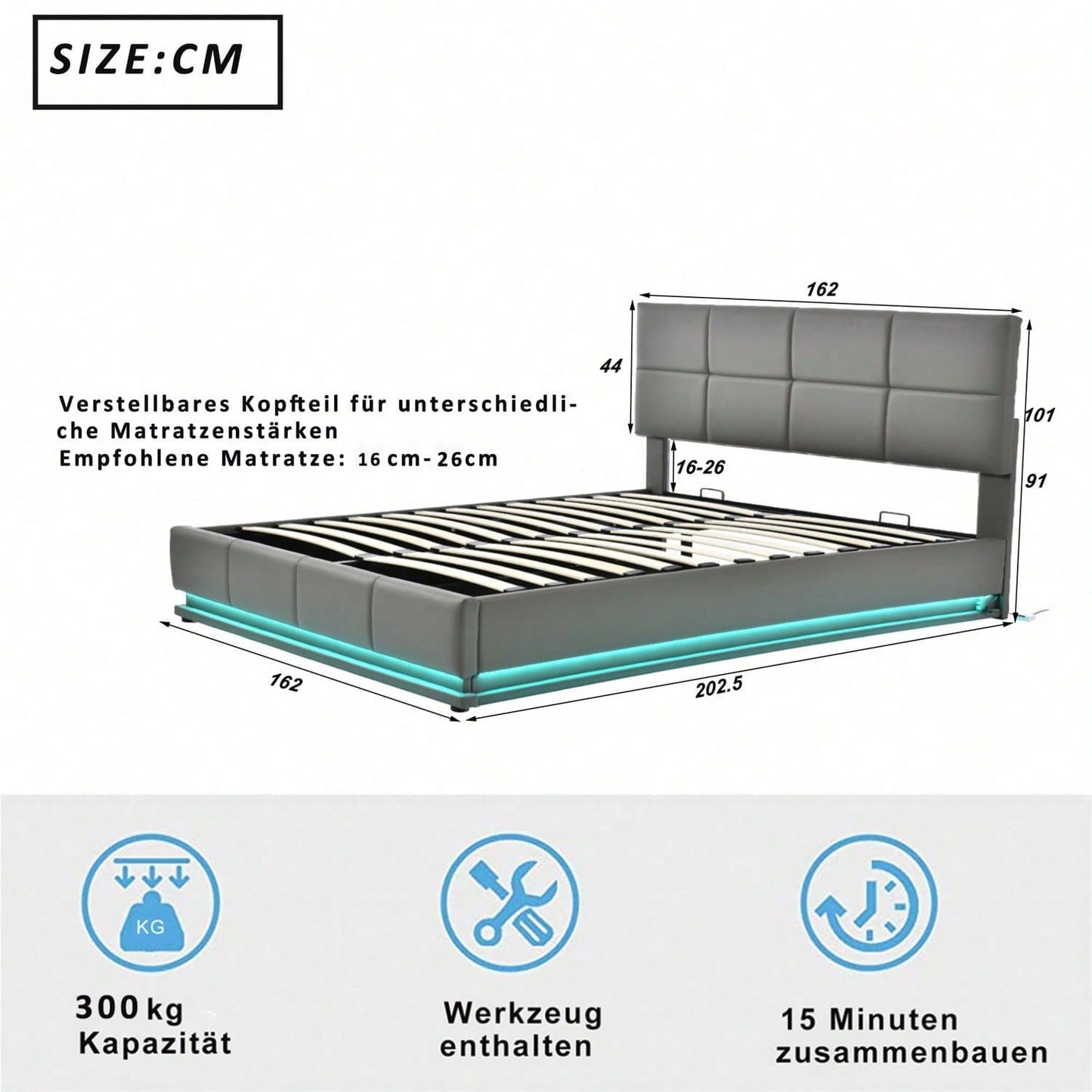 Polsterbett 160 x 200 cm mit LED, Metalllattenrost & Bettkasten, Doppelbett mit höheverstellbarem Polsterkopfteil & hydraulischem Stauraum, Grau,ohne Matratze,