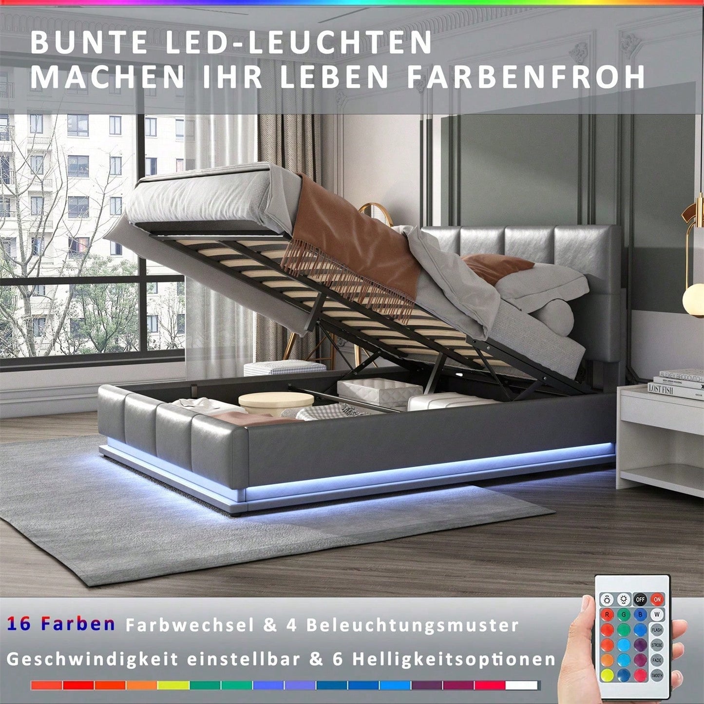 Polsterbett 160 x 200 cm mit LED, Metalllattenrost & Bettkasten, Doppelbett mit höheverstellbarem Polsterkopfteil & hydraulischem Stauraum, Grau,ohne Matratze,