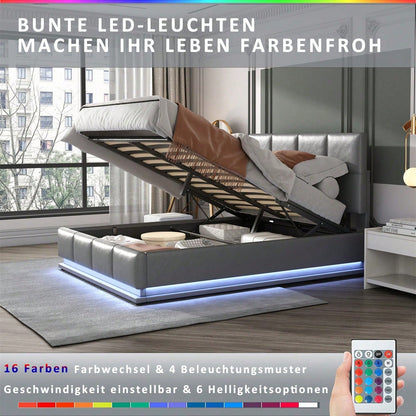 Polsterbett 160 x 200 cm mit LED, Metalllattenrost & Bettkasten, Doppelbett mit höheverstellbarem Polsterkopfteil & hydraulischem Stauraum, Grau,ohne Matratze,