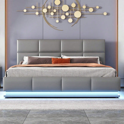 Polsterbett 160 x 200 cm mit LED, Metalllattenrost & Bettkasten, Doppelbett mit höheverstellbarem Polsterkopfteil & hydraulischem Stauraum, Grau,ohne Matratze,