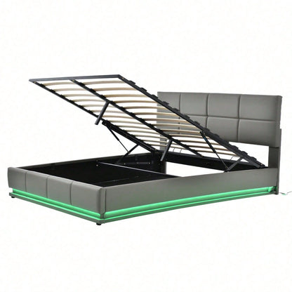 Polsterbett 160 x 200 cm mit LED, Metalllattenrost & Bettkasten, Doppelbett mit höheverstellbarem Polsterkopfteil & hydraulischem Stauraum, Grau,ohne Matratze,