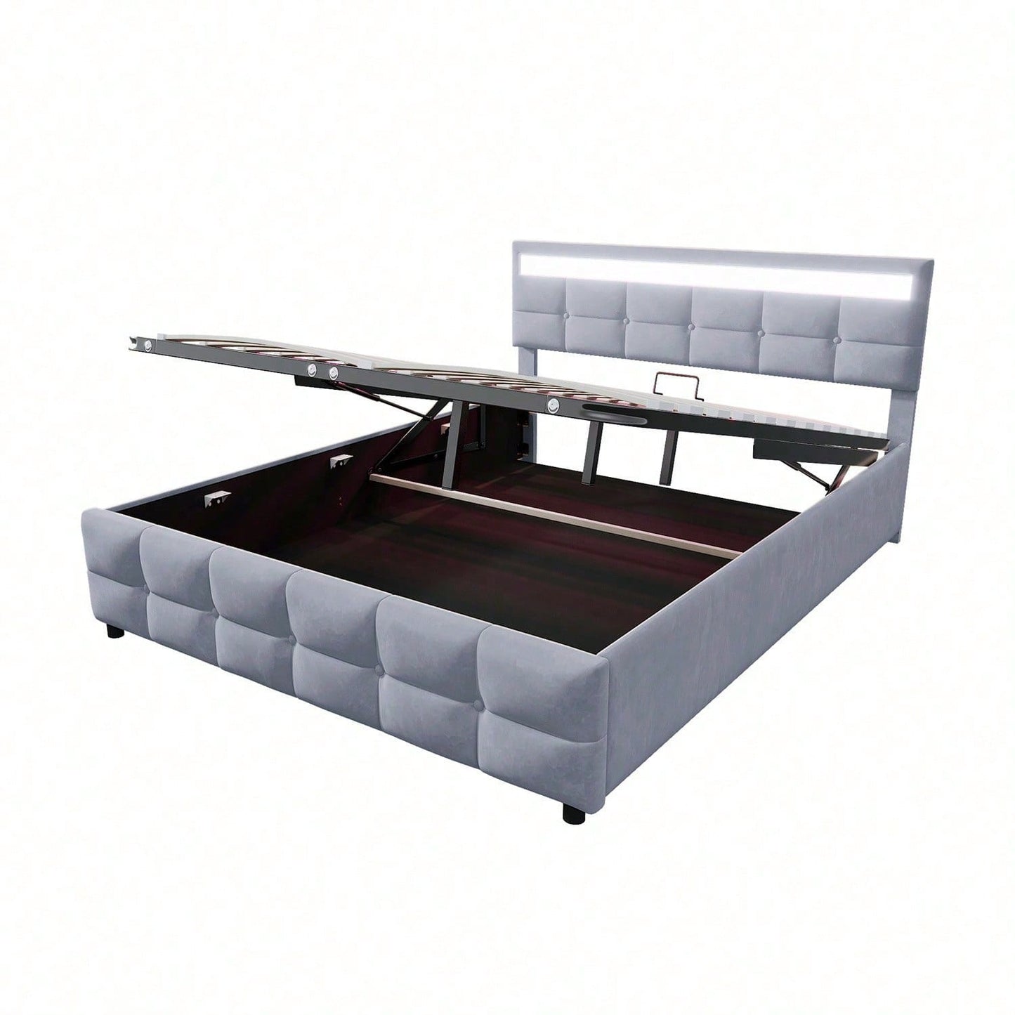 Polsterbett 180*200cm, LED-Leuchten, Lattenrost, hydraulisches Einzelbett, ohne Matratze, holländischer Samtstoff, Grau