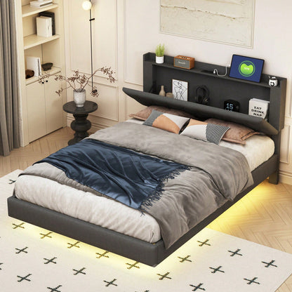 Polsterbett 140*200 cm mit USB-Ladeanschluss und LED-Farbwechsel-Lichtleiste, Doppelbett in hautfreundlichem Leinenstoff mit Lattenrost grau
