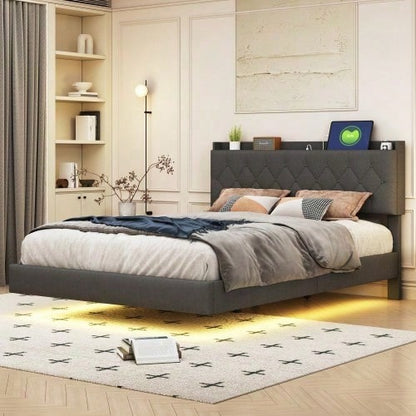 Polsterbett 140*200 cm mit USB-Ladeanschluss und LED-Farbwechsel-Lichtleiste, Doppelbett in hautfreundlichem Leinenstoff mit Lattenrost grau