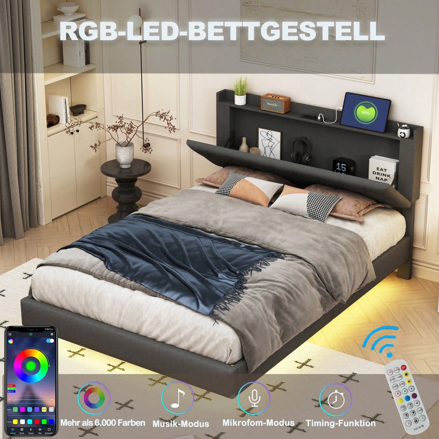 Polsterbett 140*200 cm mit USB-Ladeanschluss und LED-Farbwechsel-Lichtleiste, Doppelbett in hautfreundlichem Leinenstoff mit Lattenrost grau