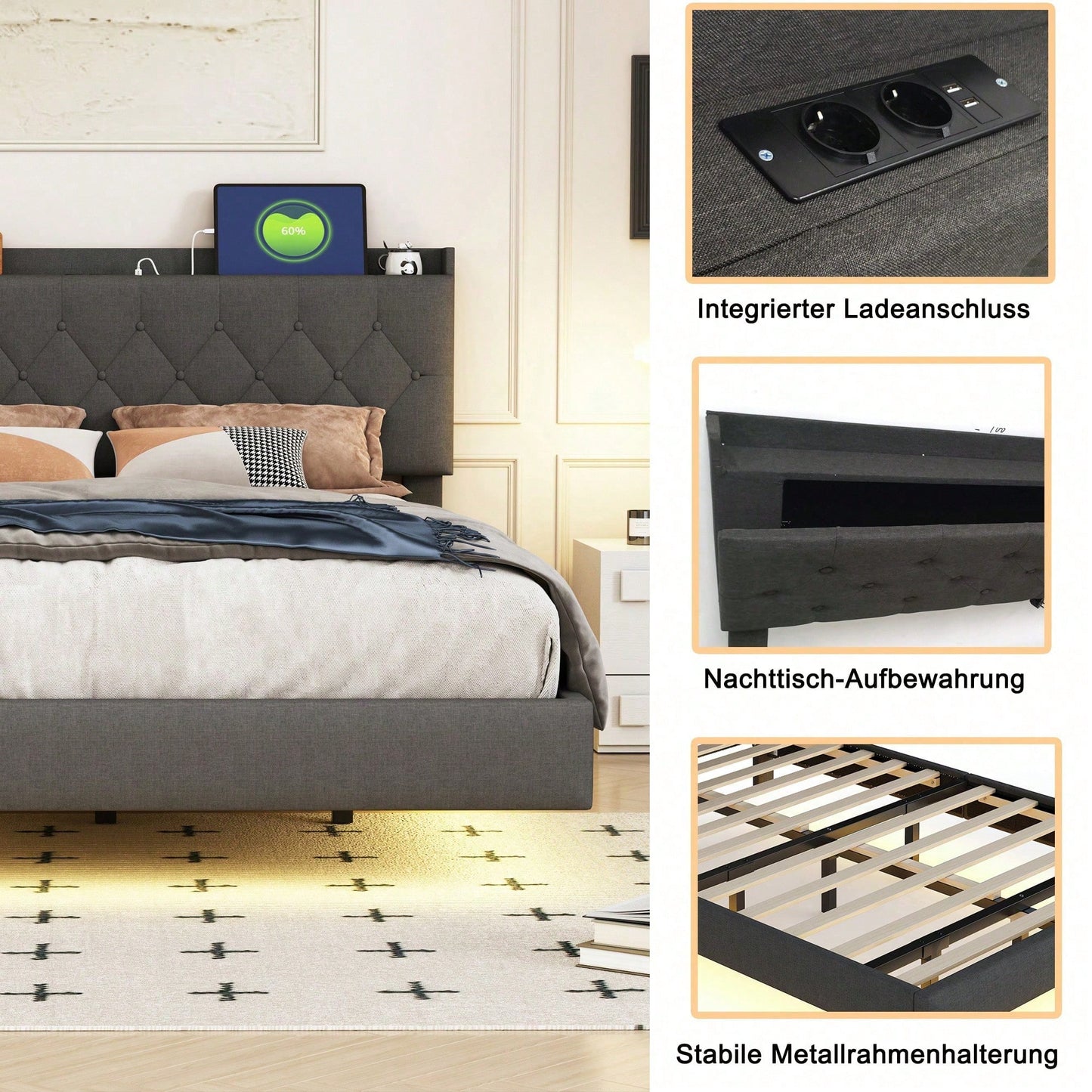 Polsterbett 140*200 cm mit USB-Ladeanschluss und LED-Farbwechsel-Lichtleiste, Doppelbett in hautfreundlichem Leinenstoff mit Lattenrost grau