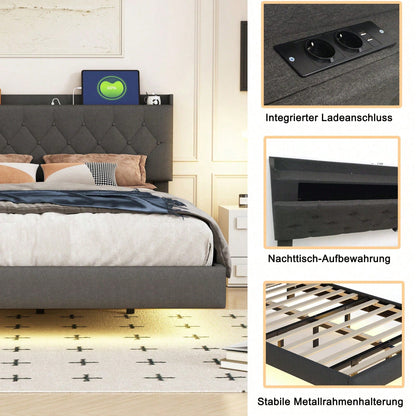 Polsterbett 140*200 cm mit USB-Ladeanschluss und LED-Farbwechsel-Lichtleiste, Doppelbett in hautfreundlichem Leinenstoff mit Lattenrost grau