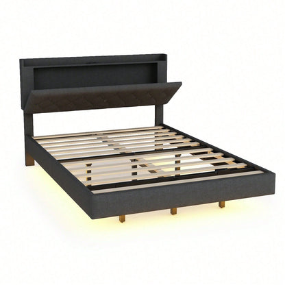 Polsterbett 140*200 cm mit USB-Ladeanschluss und LED-Farbwechsel-Lichtleiste, Doppelbett in hautfreundlichem Leinenstoff mit Lattenrost grau