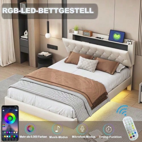 Polsterbett 140*200 cm mit USB-Ladeanschluss und LED-Farbwechsel-Lichtleiste, Doppelbett in hautfreundlichem Leinenstoff mit Lattenrost grau