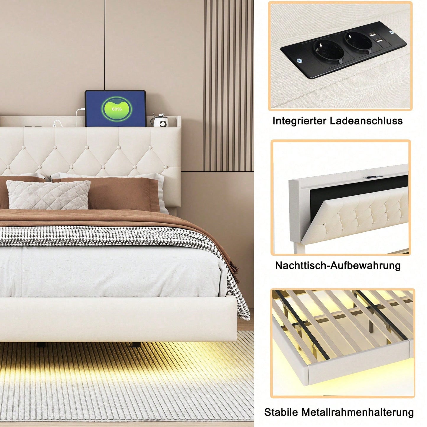 Polsterbett 140*200 cm mit USB-Ladeanschluss und LED-Farbwechsel-Lichtleiste, Doppelbett in hautfreundlichem Leinenstoff mit Lattenrost grau