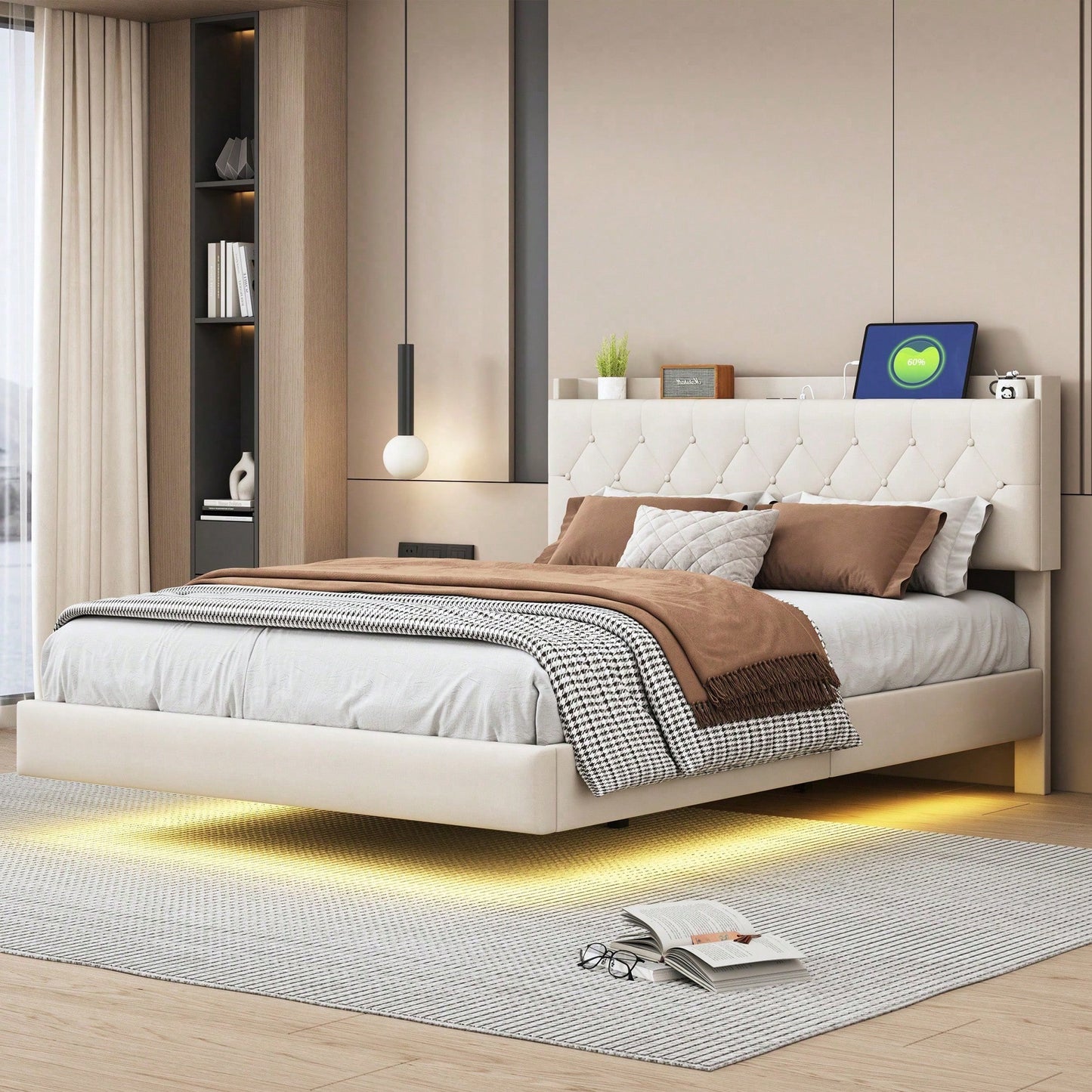 Polsterbett 140*200 cm mit USB-Ladeanschluss und LED-Farbwechsel-Lichtleiste, Doppelbett in hautfreundlichem Leinenstoff mit Lattenrost grau
