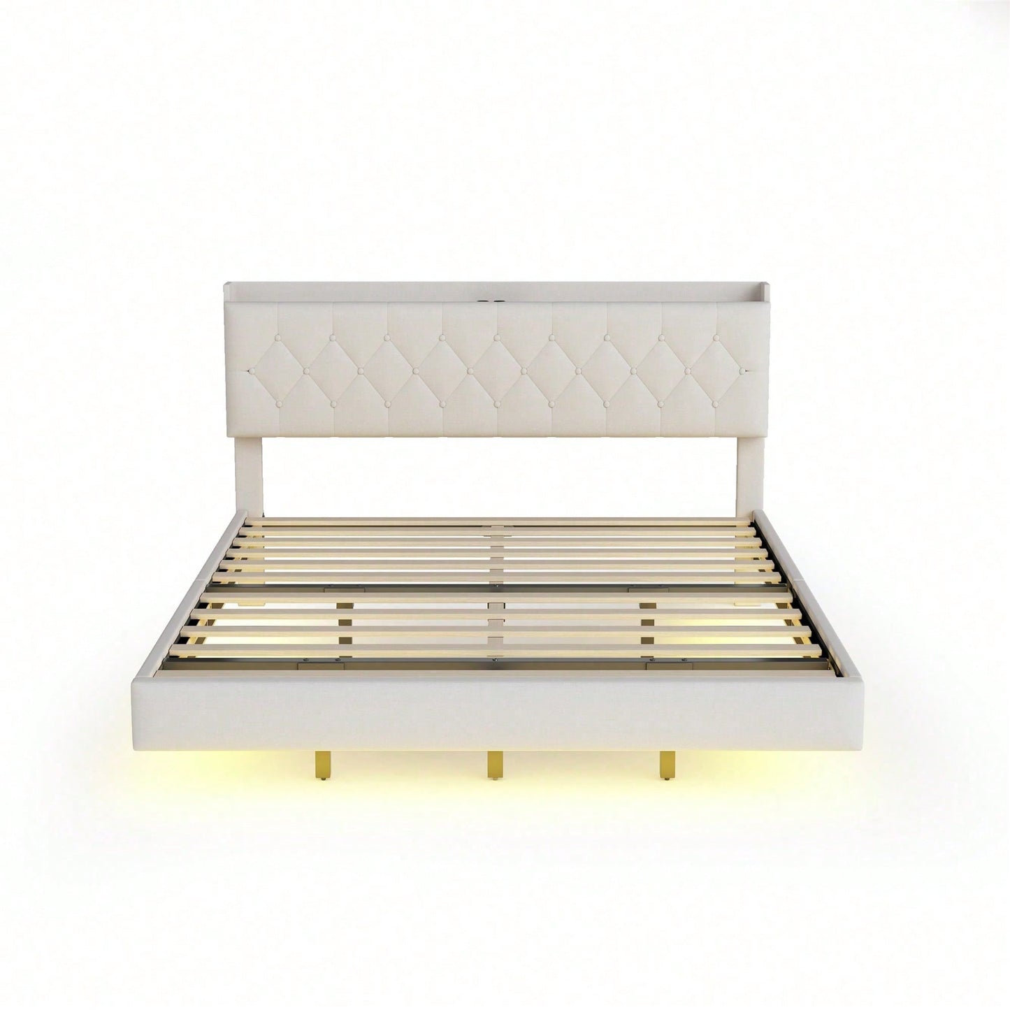 Polsterbett 140*200 cm mit USB-Ladeanschluss und LED-Farbwechsel-Lichtleiste, Doppelbett in hautfreundlichem Leinenstoff mit Lattenrost grau