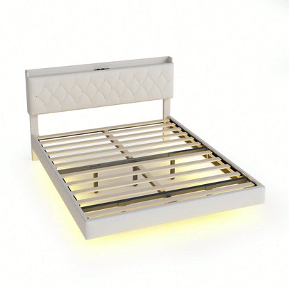 Polsterbett 140*200 cm mit USB-Ladeanschluss und LED-Farbwechsel-Lichtleiste, Doppelbett in hautfreundlichem Leinenstoff mit Lattenrost grau